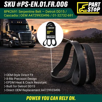 8-Rib Serpentine V-Belt Fits Freightliner Detroit Diesel A4729933496, 01-32732-691 — infographic